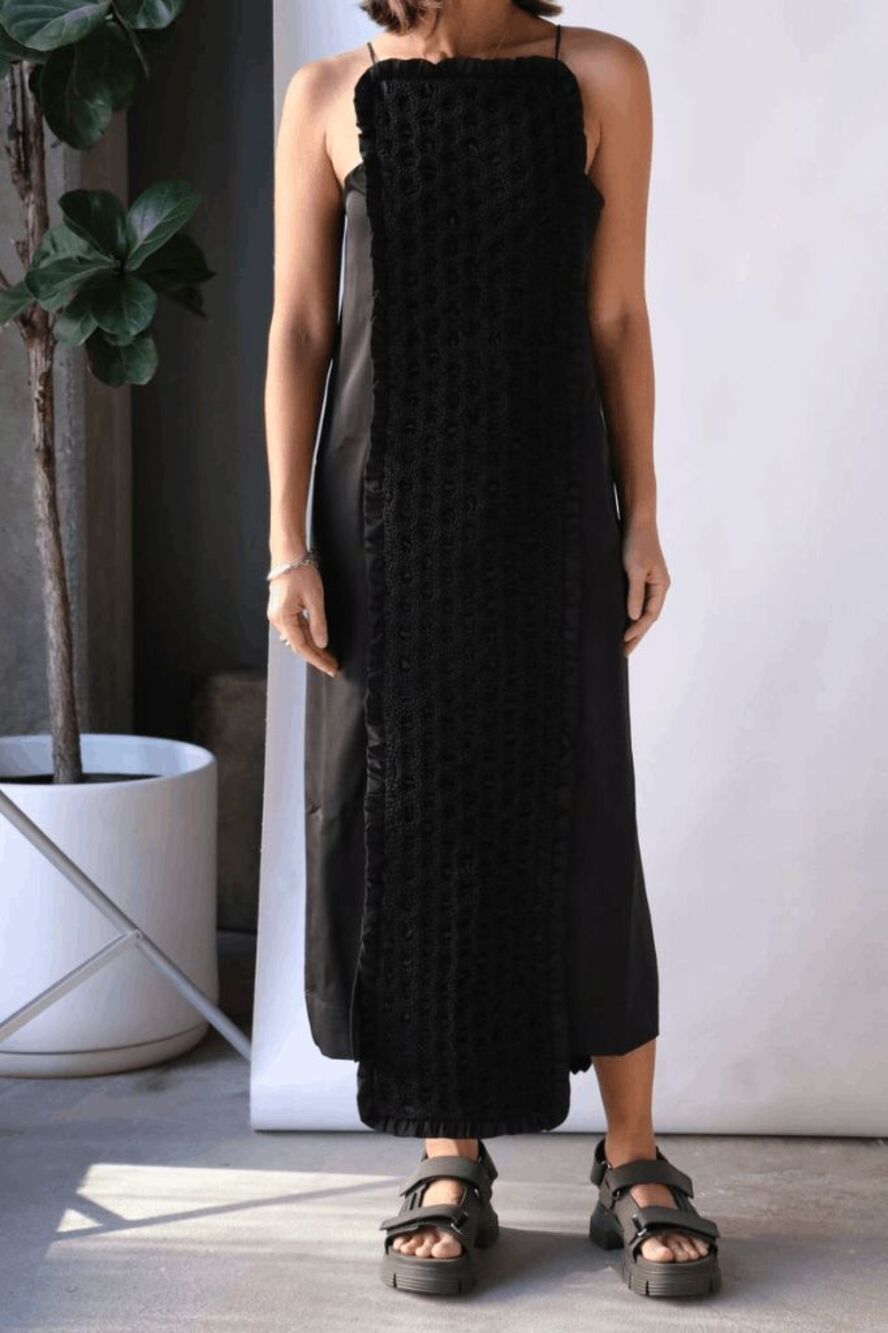 GANNI Black Center Smock Panel Ruffle Slip Midi Dress Women's Size 36 US 4